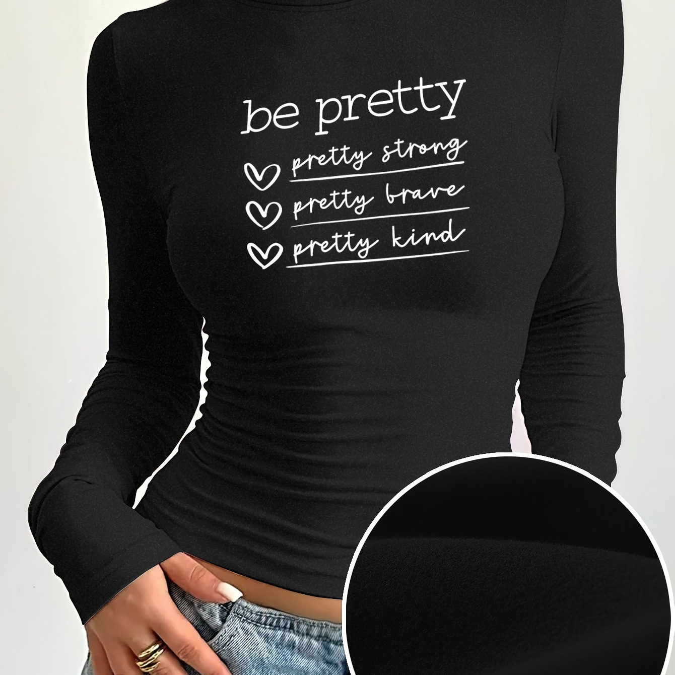 

Letter Neck T-shirt, Casual Long Sleeve Fleece-lined T-shirt For Fall & Winter, Women's Clothing