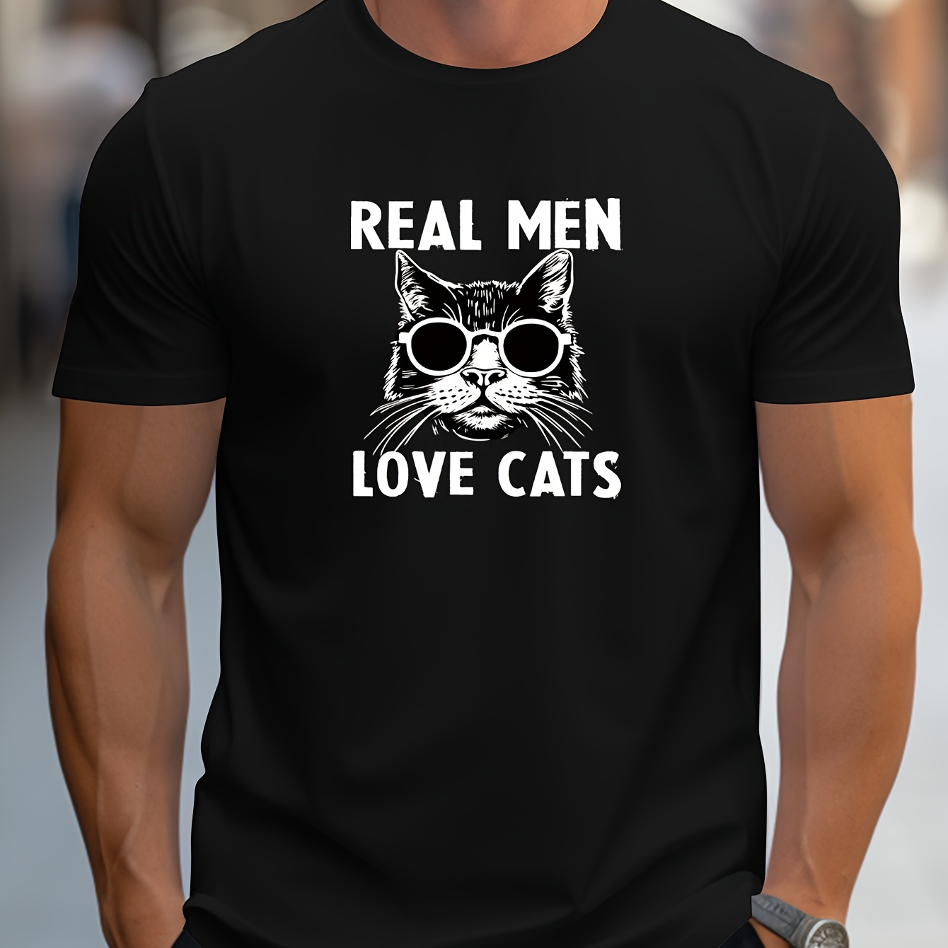 

Mbdmbd Men's Trendy -shirt With "real Men Love Cats" Fashion Glasses Cat Graphic - Casual Polyester , Crew Neck, Machine Washable For Summer, Cat Shirt