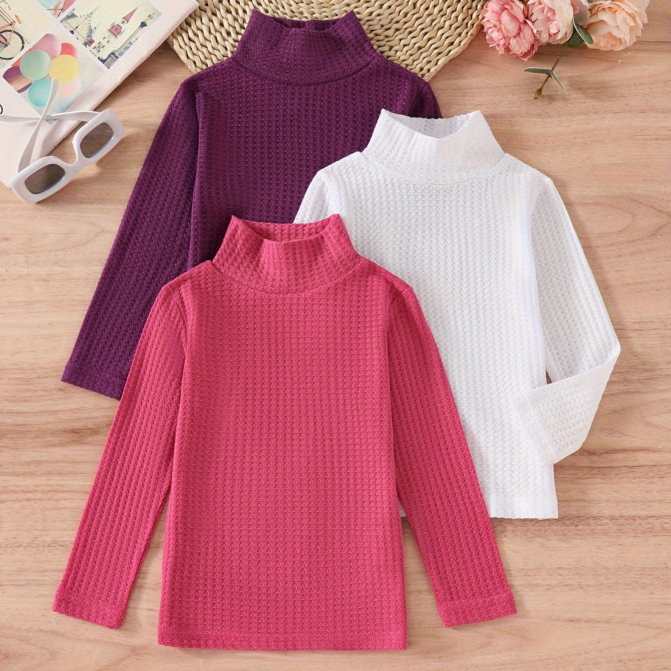 

3-pack Girls' Turtleneck Sweaters, Polyester Knit Pullovers, Long Sleeve, Regular Fit, Solid Color, High Neck, Stretchy Fabric, Spring/autumn Fashion For Kids