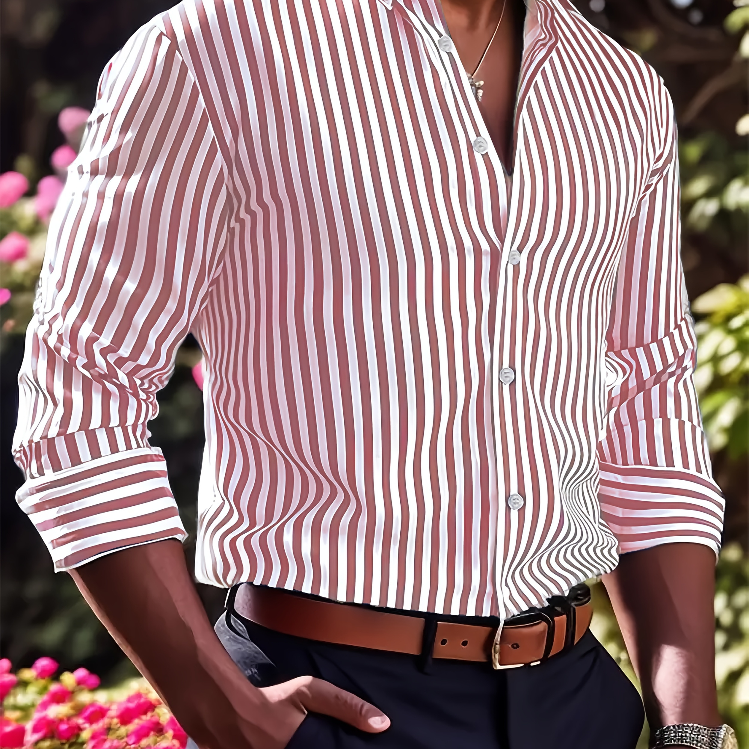 

Men's Casual Long Sleeve Button-down Shirt, 100% Polyester, Regular Fit, Non-stretch Woven Fabric, With Lapel Collar, Striped Print, For Fall/winter - Weekend