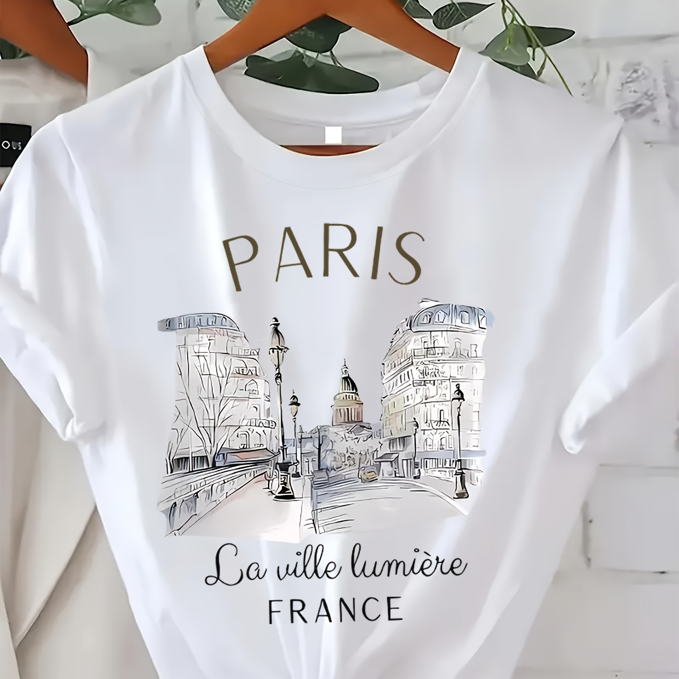 

Plus Size Paris Print T-shirt, Casual Crew Neck Short Sleeve Top For Spring & Summer, Women's Plus Size Clothing