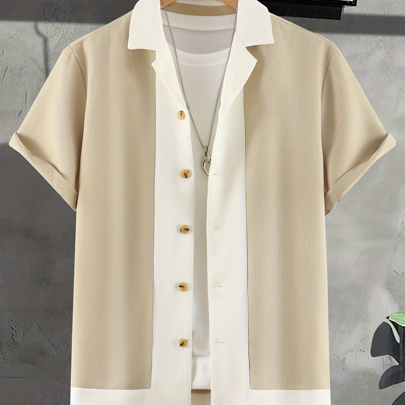 

Chic Design Men's Contrast Color Short Sleeve Button Up Lapel Shirt, Casual And Trendy Tops For Summer Outdoors And Sports Leisurewear