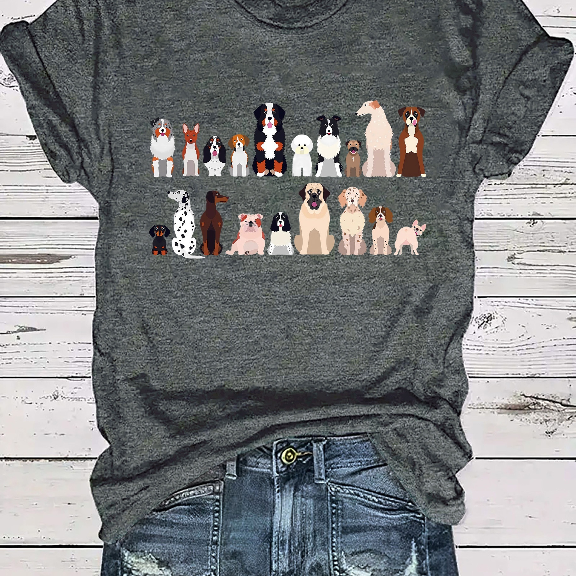 

Cute Dog Neck T-shirt, Casual Short Sleeve Top For , Women's Clothing