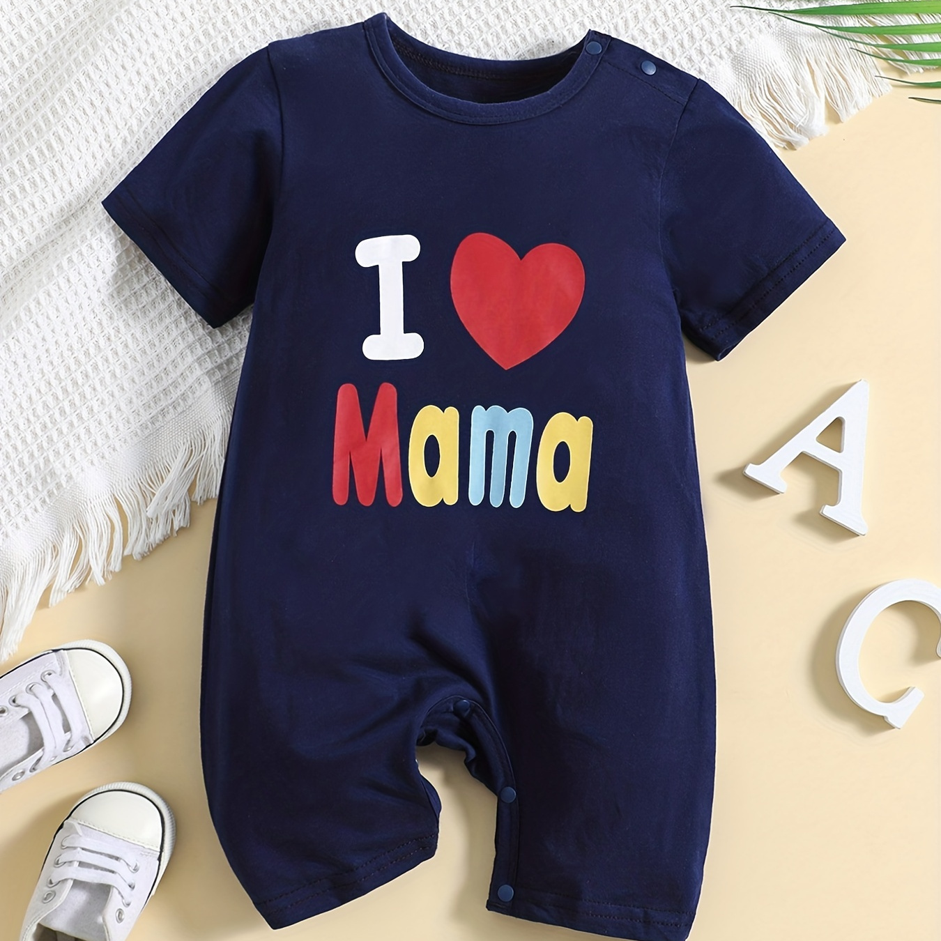 

Newborn Baby Jumpsuit, Cute "i Love Mama" Graphic Cotton Short Sleeve Romper, Infant Boy & Girl Clothing