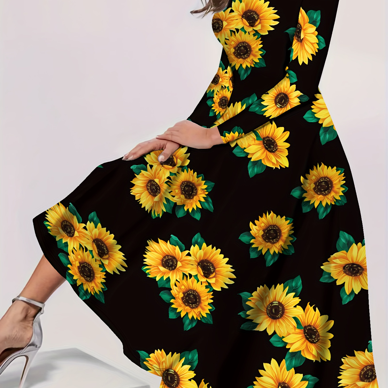 

Sunflower Print Crew Neck Dress, Elegant Long Sleeve A-line Flowy Dress For Spring & Fall, Women's Clothing