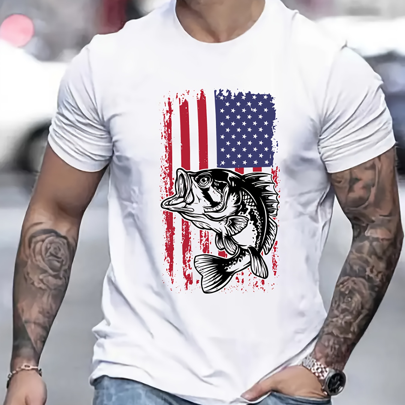 Big Fish Print, Men's Graphic Design Crew Neck Novel T-shirt, Casual Comfy  Tees Tshirts For Summer, Men's Clothing Tops For Daily Vacation Resorts