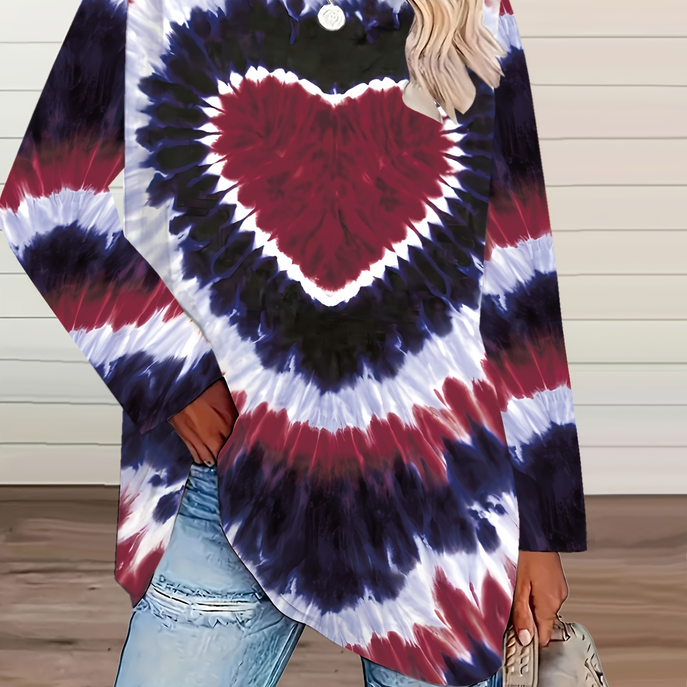 

1pc Size Heart Print Top, Women's Crew Neck Long Sleeve Pullovers, Knitted Fabric With Slight Stretch For Fall/winter Season