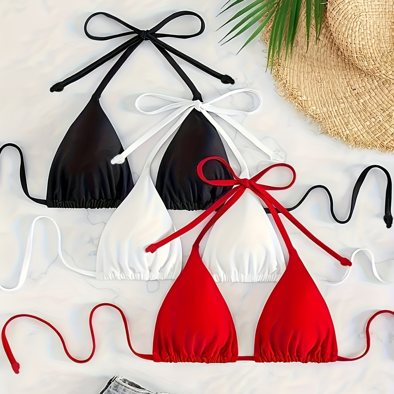 

3pcs Solid Color Halter Tie Strap Backless Basic Bikini Tops Set, Women's Swimwear & Clothing