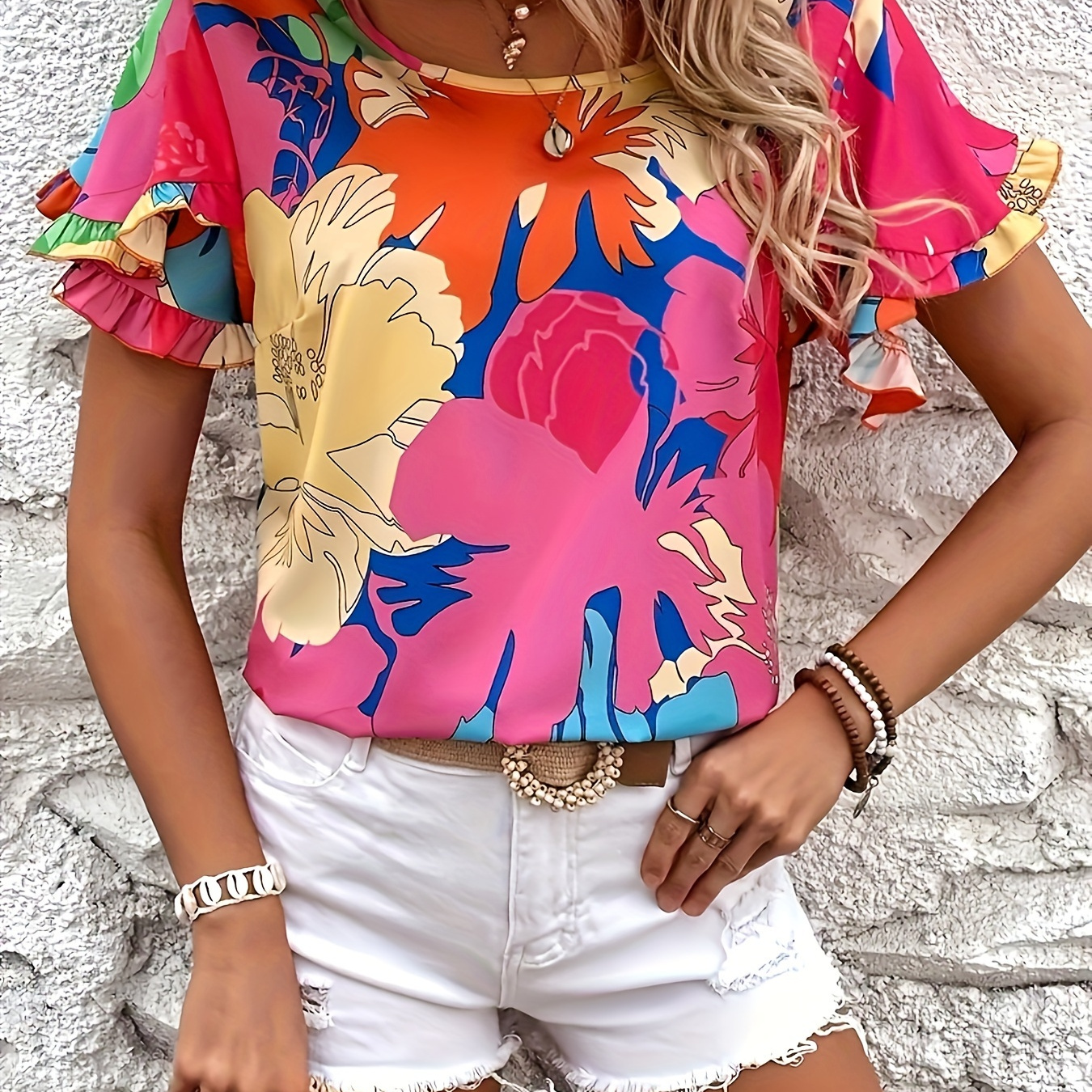 

Floral Print Ruffle Trim Blouse, Elegant Crew Neck Blouse For Spring & Summer, Women's Clothing