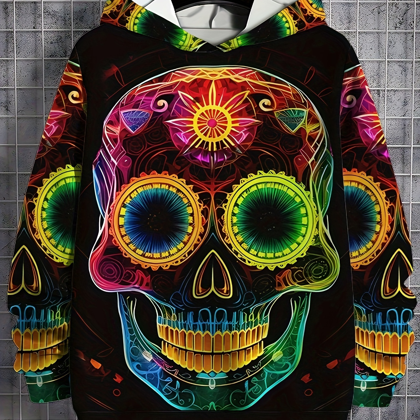 

Men's Skull Hoodie, Casual Long Sleeve Hooded Sweatshirt For Outdoor