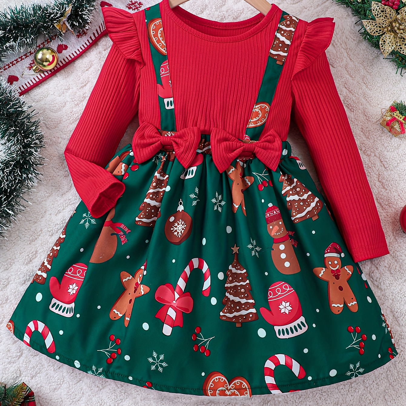 

Girls Splicing Gingerbread Man Graphic Flutter Trim Long Sleeve Dress Fall Winter Christmas Gift