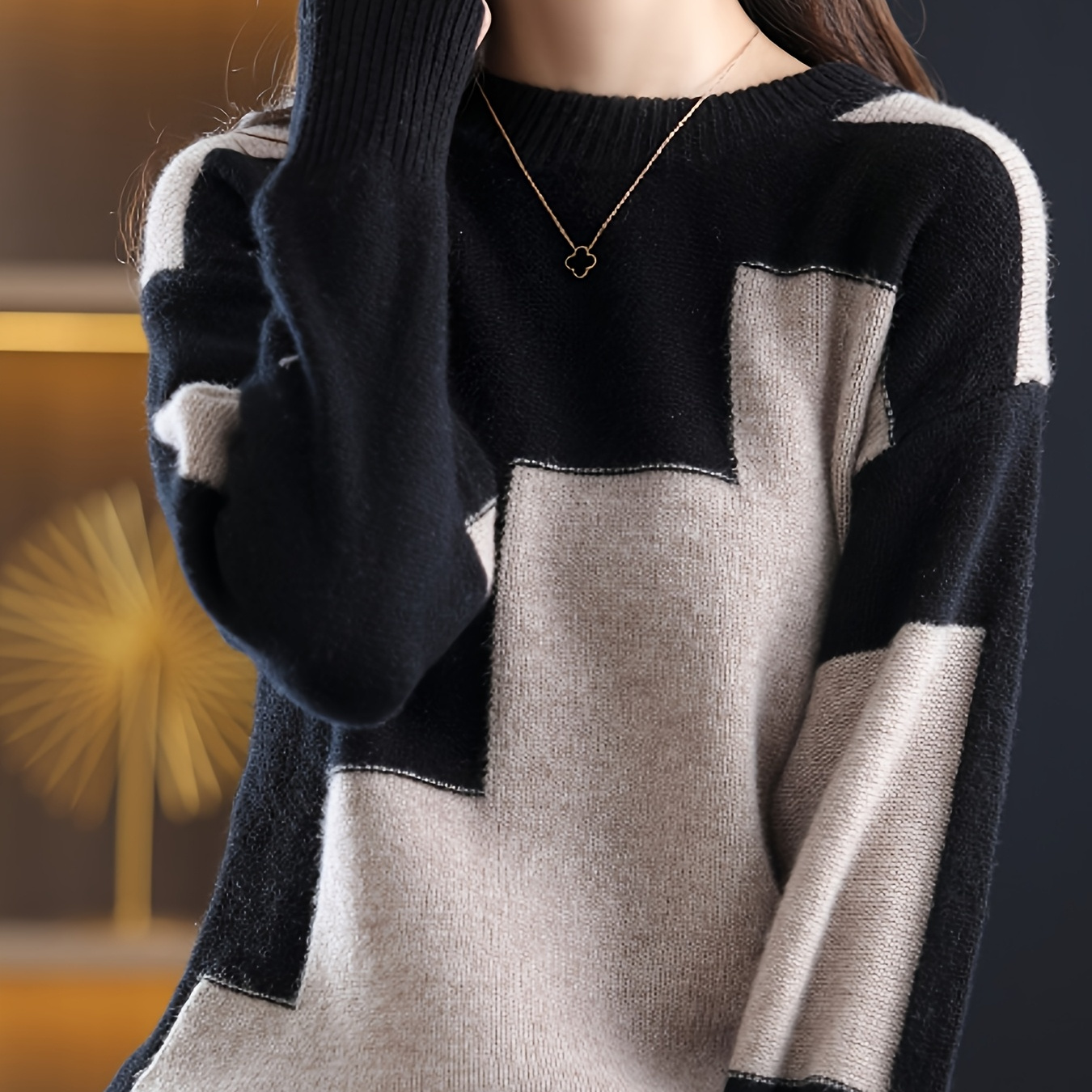 

Knitted Sweater Long Sleeved Top Loose Base Color Women's Sweater