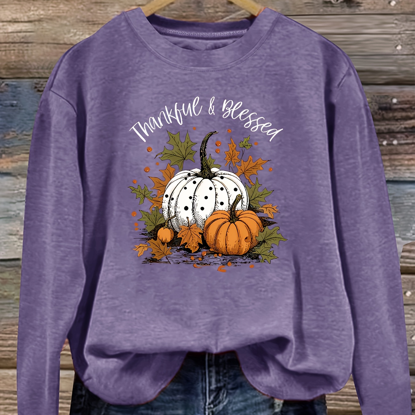 

Women's Casual Thanksgiving Pumpkin & Letter Print Long Sleeve Crew Neck Top - , Machine Washable