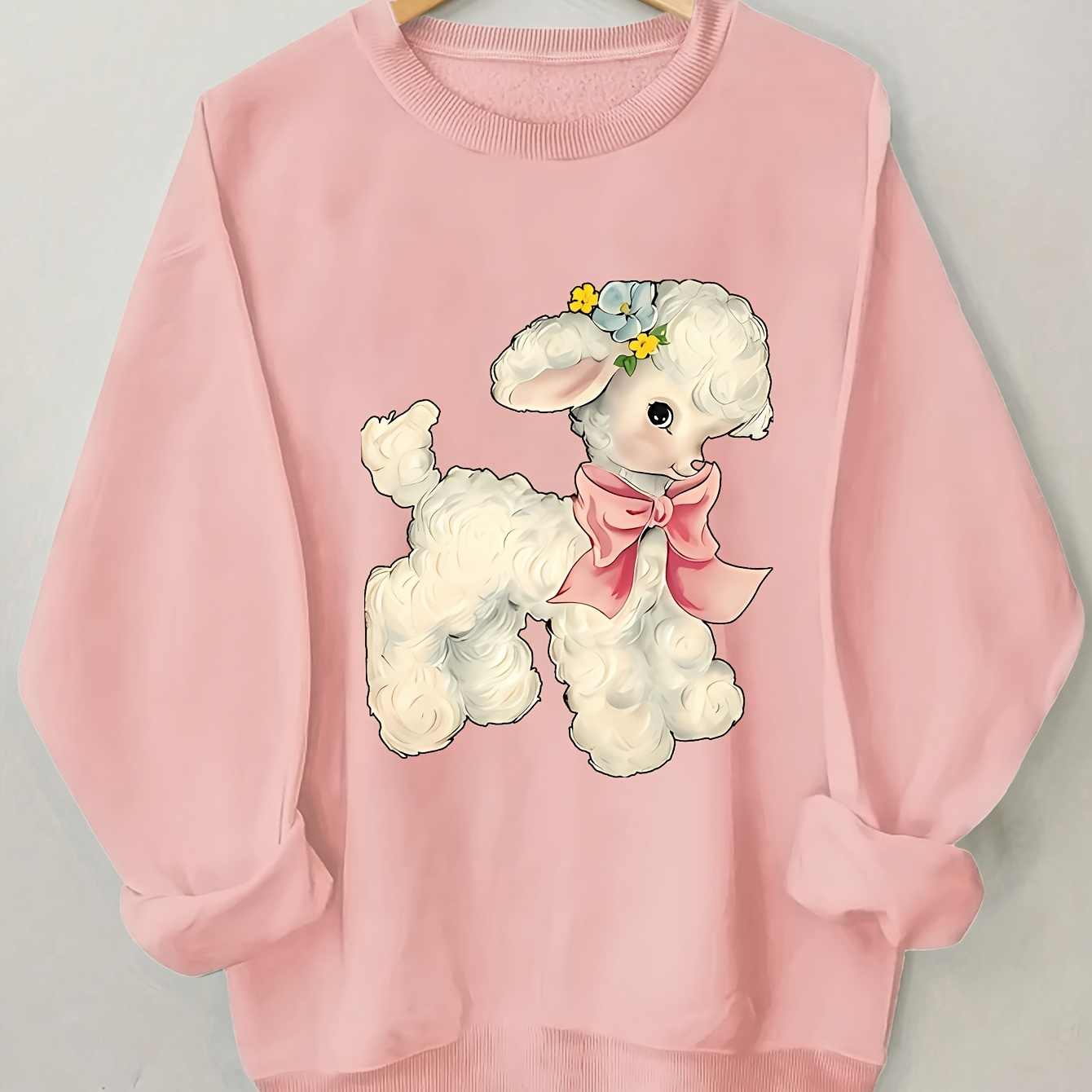 

Women's Casual Crew Neck Sweatshirt With Cute Sheep Print - 100% Polyester Long Sleeve Pullover For Spring/fall - Animal Pattern Knit Fabric Fashion Top