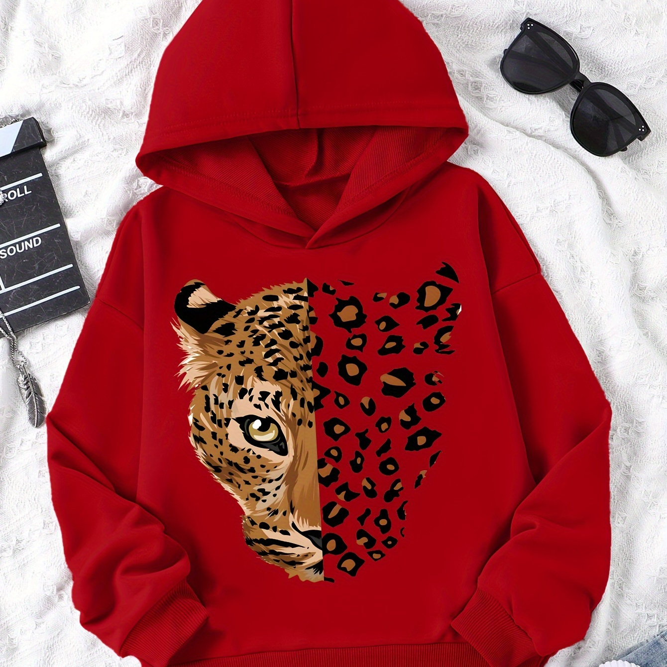 

Leopard Print Girls' Casual Long Sleeve Hooded Sweatshirt For Autumn And Winter, Fashion Hoodie For Outdoor Wear