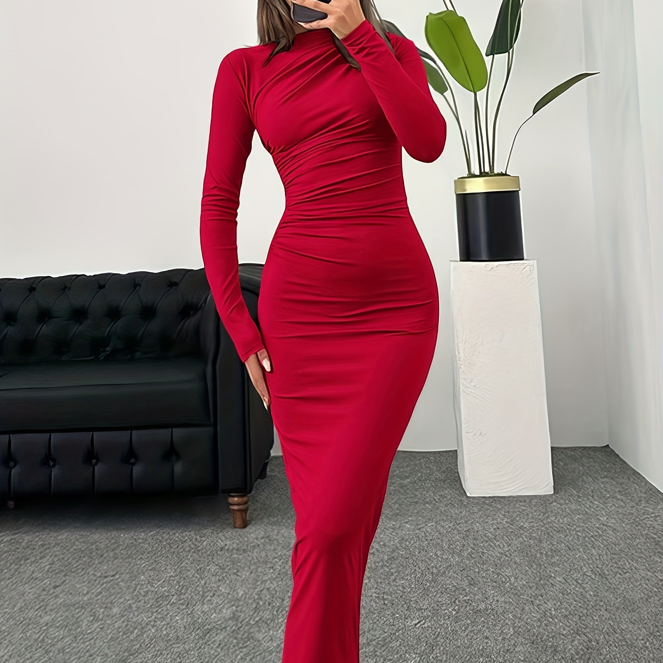 

Solid Color Ruched Slim Dress, Elegant Long Sleeve Maxi Bodycon Dress For Party & Banquet, Women's Clothing