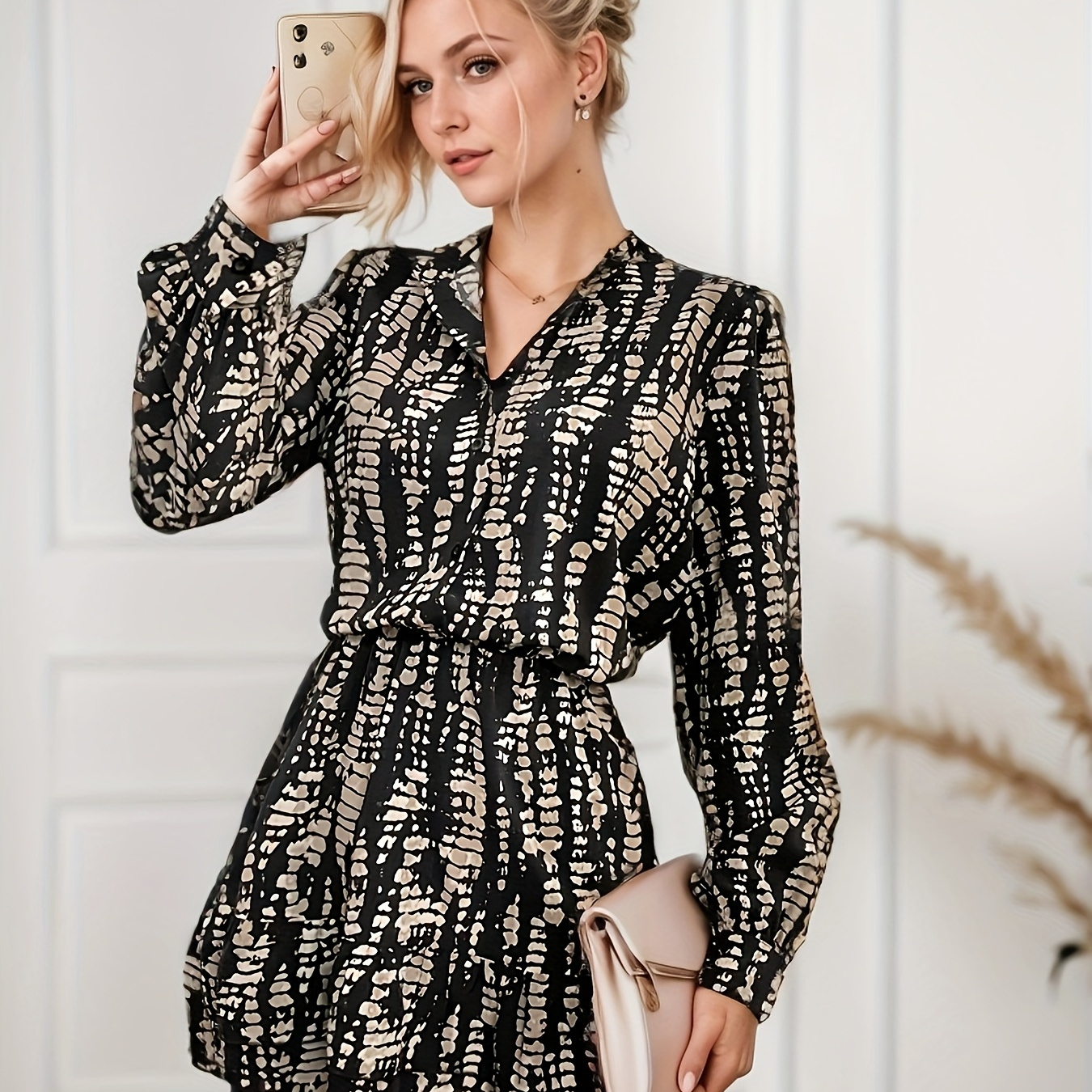 

Women's Geometric-patterned V-neck Stand Collar Cardigan Dress, Polyester 100%, Fall/winter A Short Dress With Ruffle Hem And Waist Detail, Woven Fabric 160g/m²