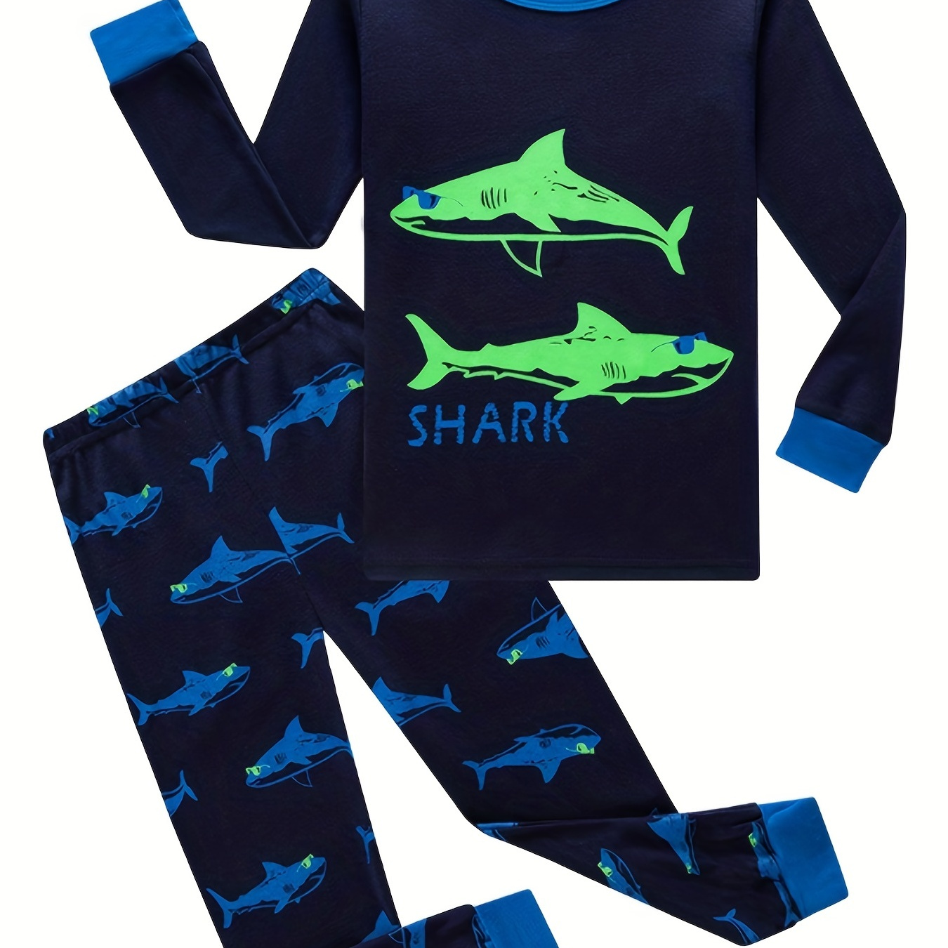 

2pcs Boys Casual Shark Print Creative Long Sleeve Cotton T-shirt&pants Sets, Kids Clothes