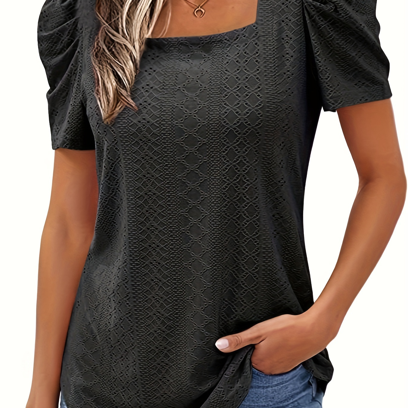 

Solid Square Neck Hollow T-shirt, Casual Puff Sleeve T-shirt For Spring & Summer, Women's Clothing