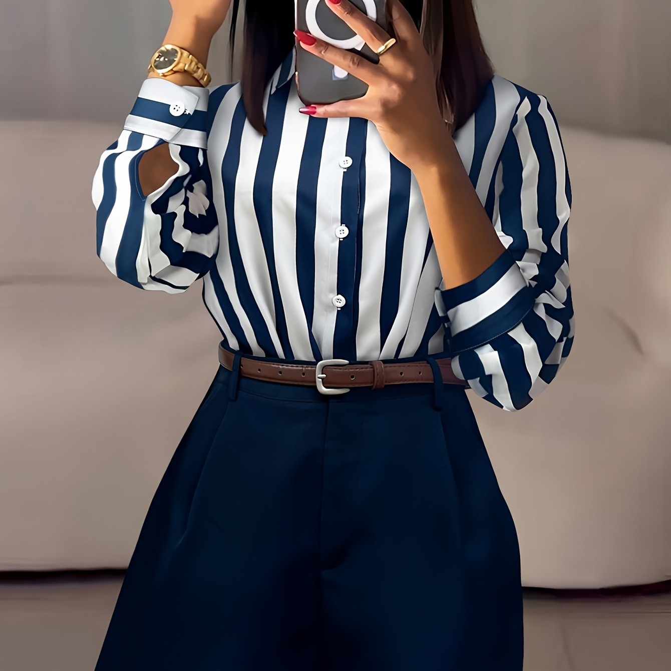 

Elegant Striped Shirt & Belted Shorts Set For Women - Polyester, Machine Washable, Non-sheer