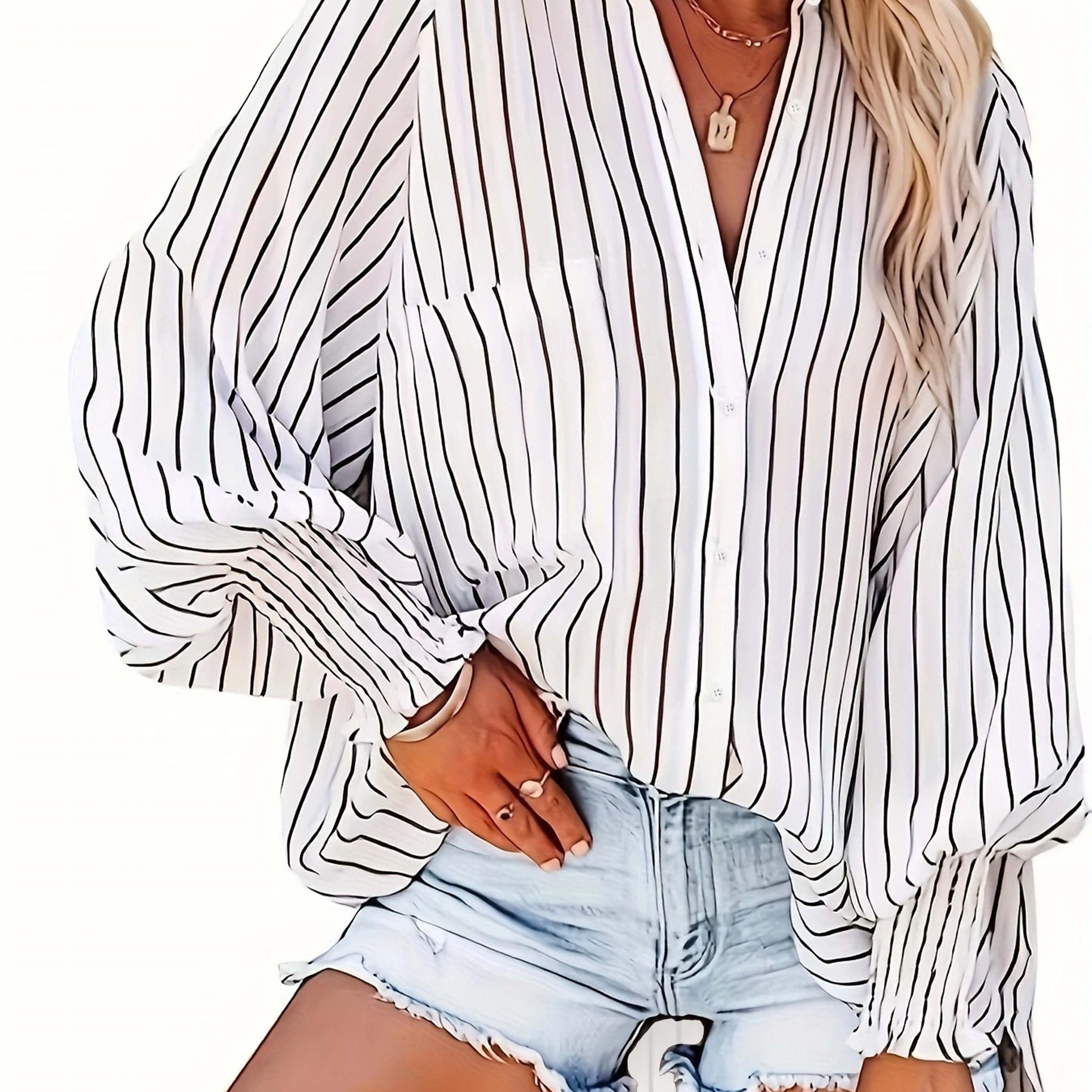 

Plus Size Casual Blouse, Women's Plus Striped Print Lantern Sleeve Button Up Lapel Collar Slight Stretch Tunic Shirt Top
