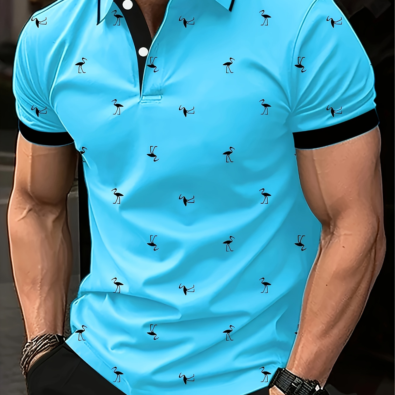 TEMU Men's Trendy And Stylish Shirt - Casual Light Blue, Flamingo Short-sleeve Top For Men, Made Of, Machine Washable, Knitted Fabric, For Casual Wear