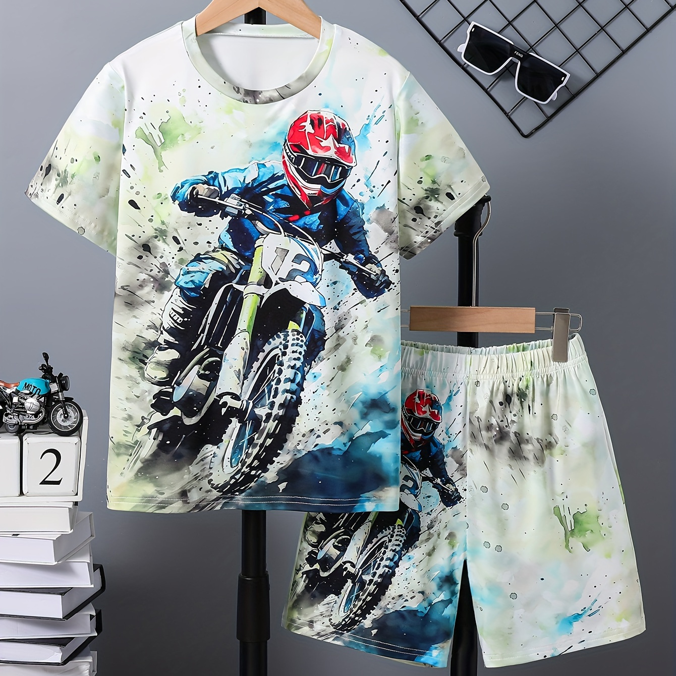 

2pcs Boys Cool Off-road Motorcycle Print Versatile Tie Dye Short Sleeve T-shirt & Shorts Set, Cool, Lightweight And Comfy Summer Clothes