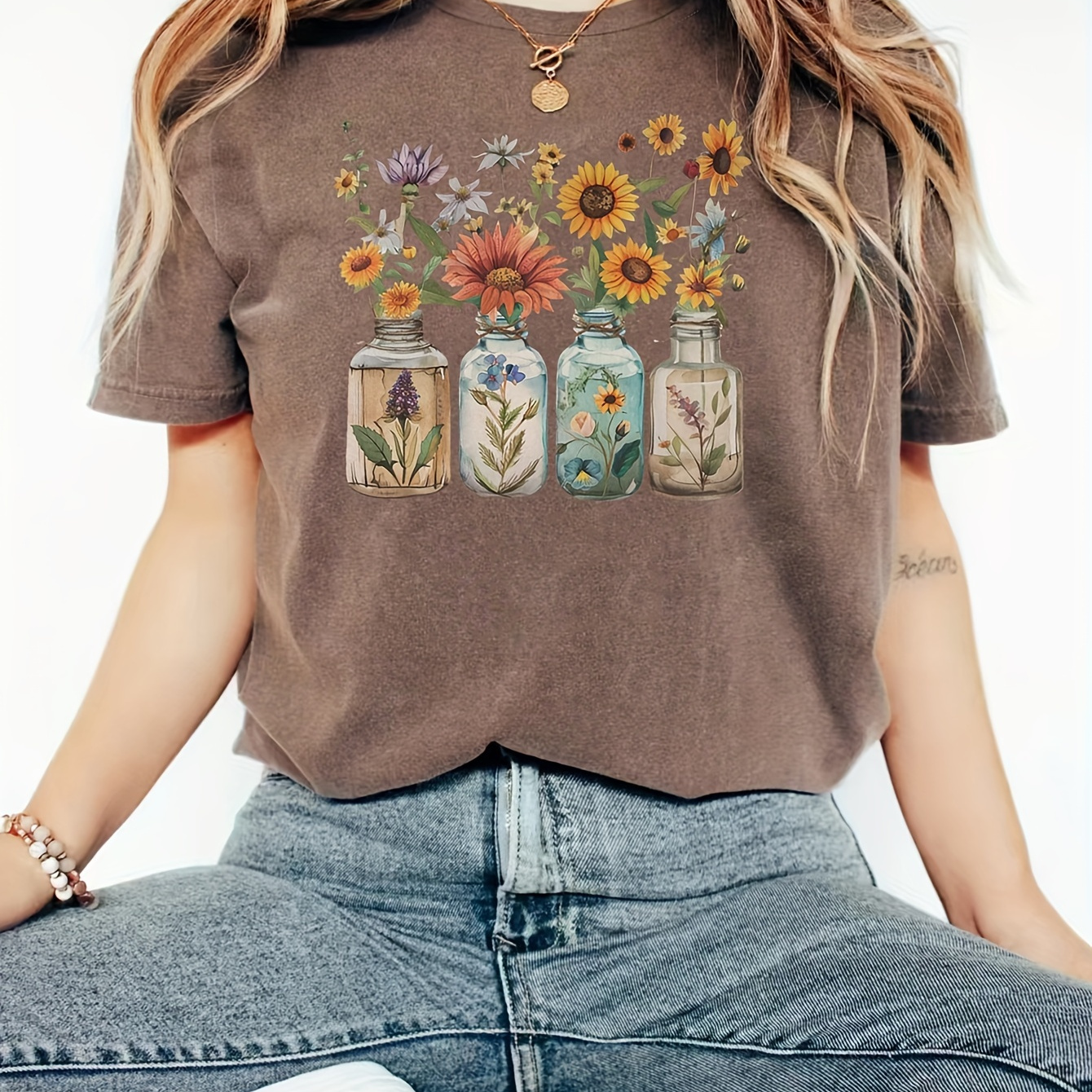 

Floral Neck T-shirt, Casual Short Sleeve T-shirt For , Women's Clothing