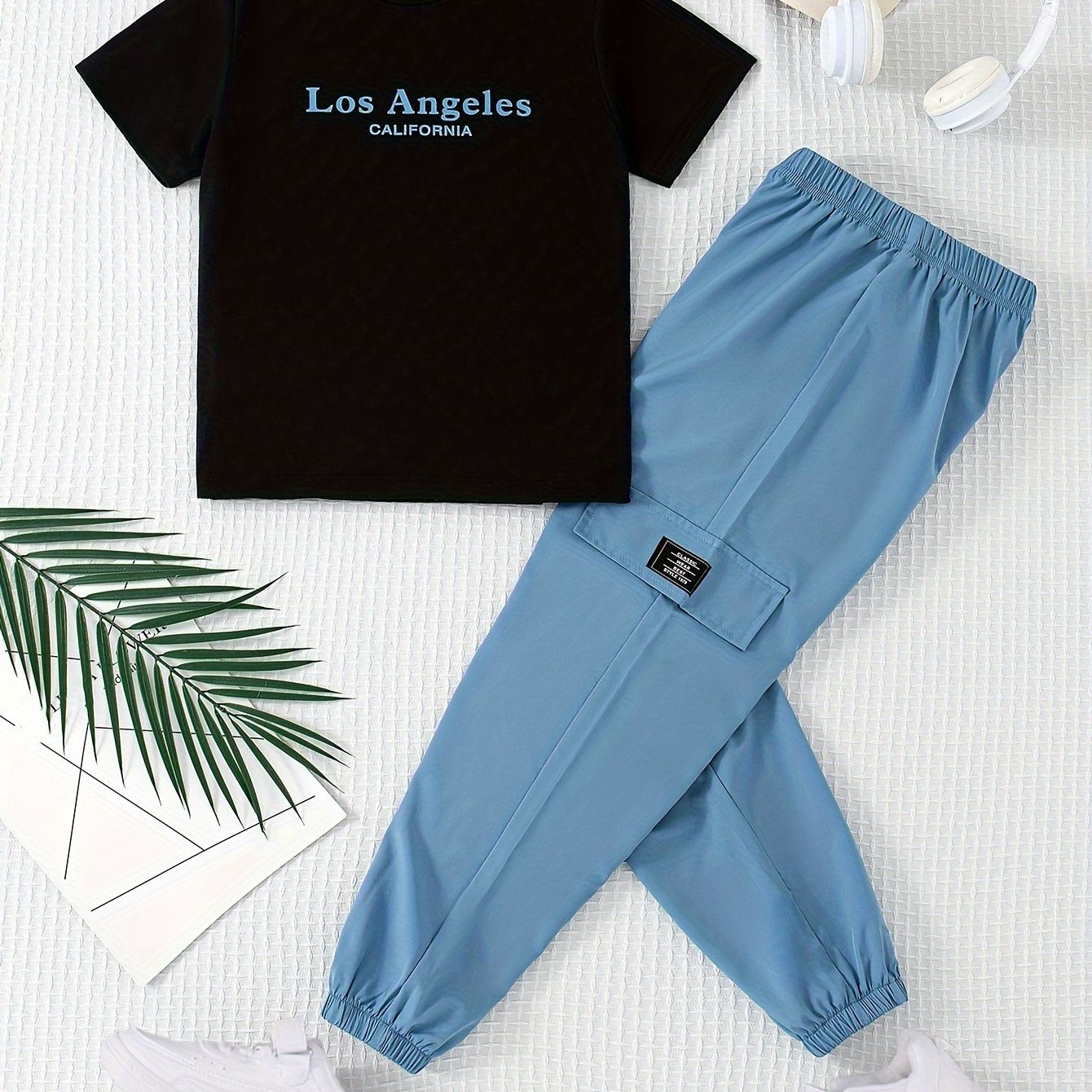 

2pcs Boys Casual Los Angeles Letter Graphic Print Short Sleeve T-shirt & Cargo Pants Set, Comfy Boys Clothes