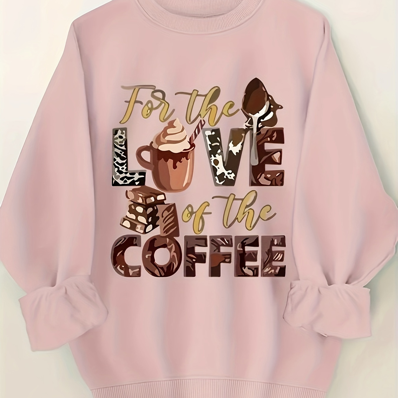 

Plus Size Coffee Print Pullover Sweatshirt, Casual Long Sleeve Crew Neck Sweatshirt For Fall & Spring, Women's Plus Size Clothing