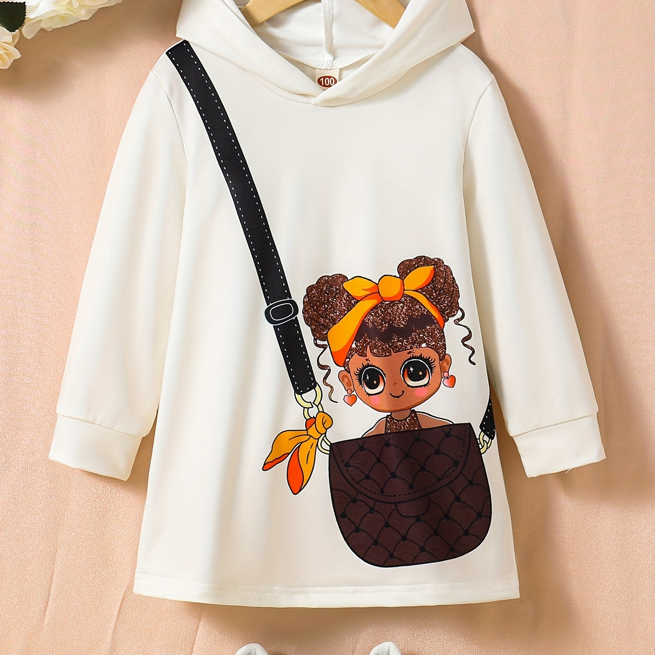 

Cartoon Girl & Bag Graphic Print Girls Casual Longline Sweatshirt Hoodie, Kids Pullovers For Spring/ Fall, Gift Idea