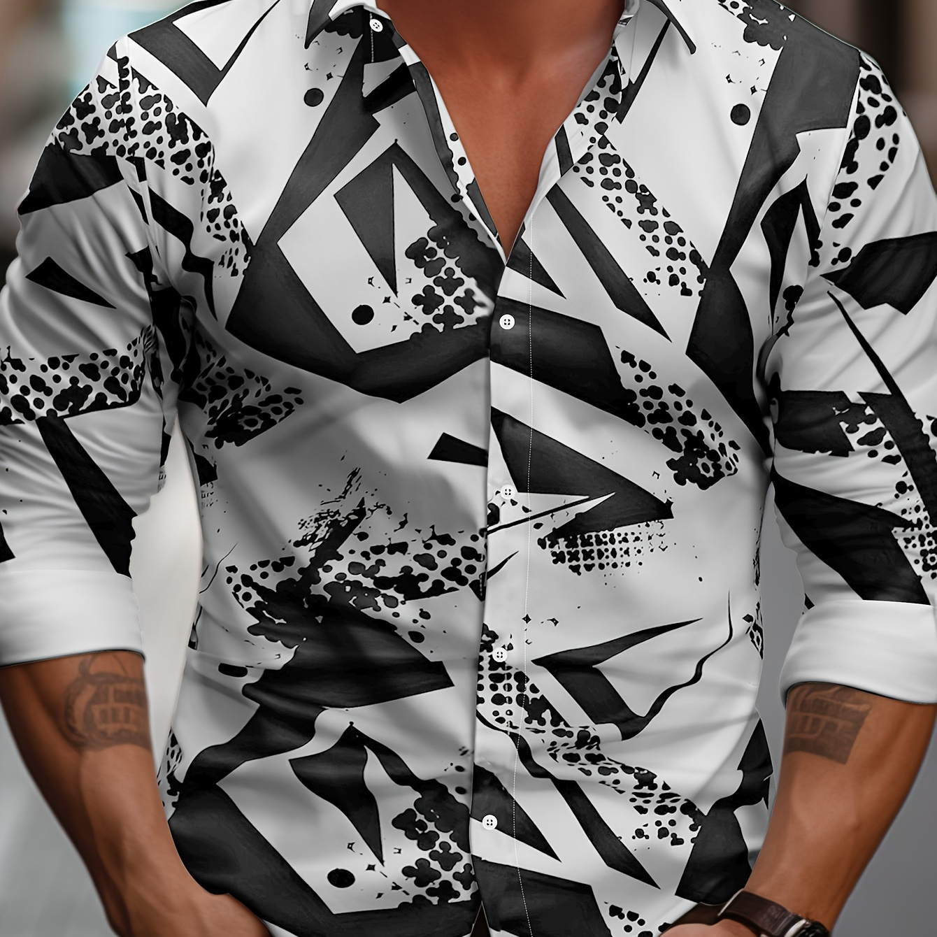 

Geometric Color Block Pattern Print Men's Long Sleeve Button Down Shirt For Spring And Fall