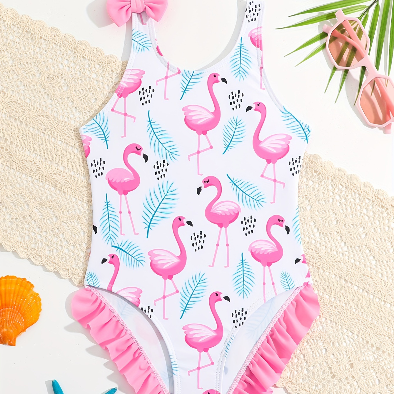 

Girls 1pc Flamingo Print Ruffle Trim Bow Strappy Swimsuit Sweet & Cute For Summer