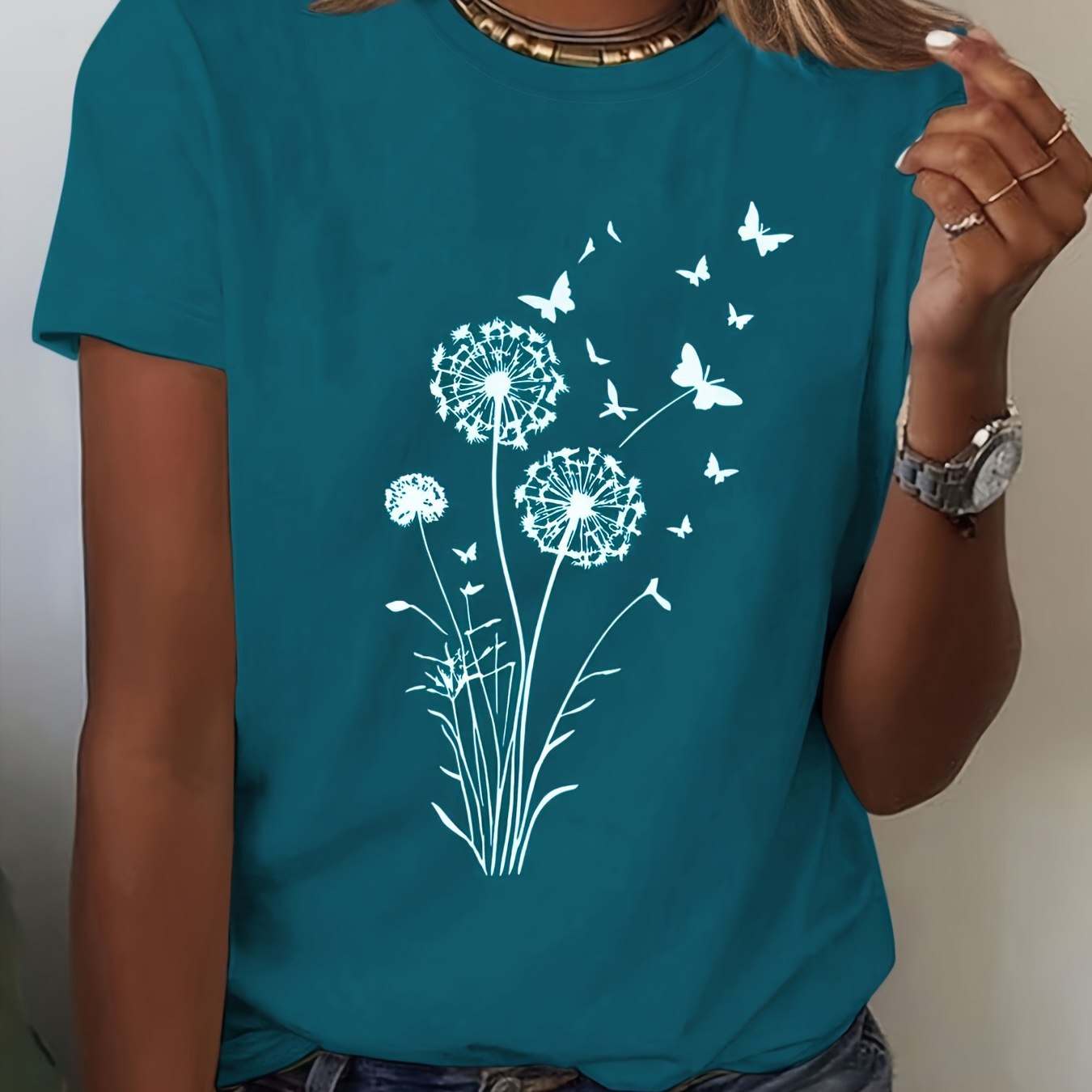 

Women's Casual Dandelion Print T-shirt - Soft Polyester , Stretchy & Machine Washable, Crew Neck, Short Sleeve -