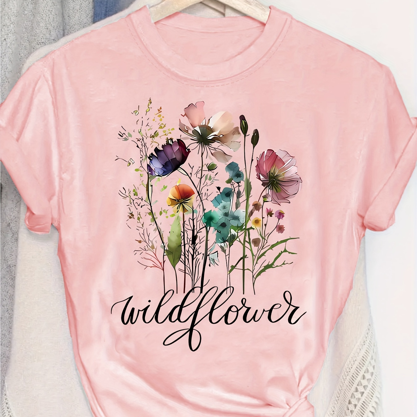 

Flowers Print T-shirt, Short Sleeve Crew Neck Casual Top For Summer & Spring, Women's Clothing