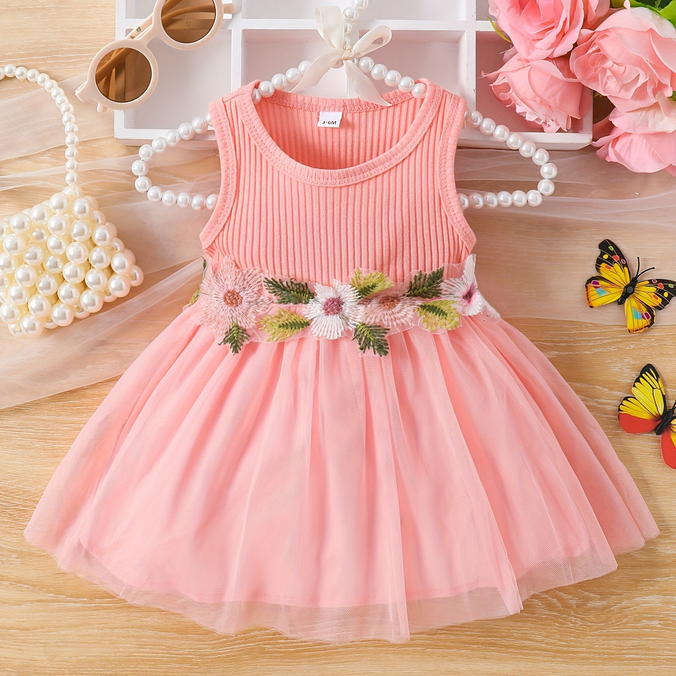 

Baby's Flower Embroidered Mesh Splicing Dress, Ribbed Sleeveless Dress, Infant & Toddler Girl's Clothing For Summer/spring, As Gift