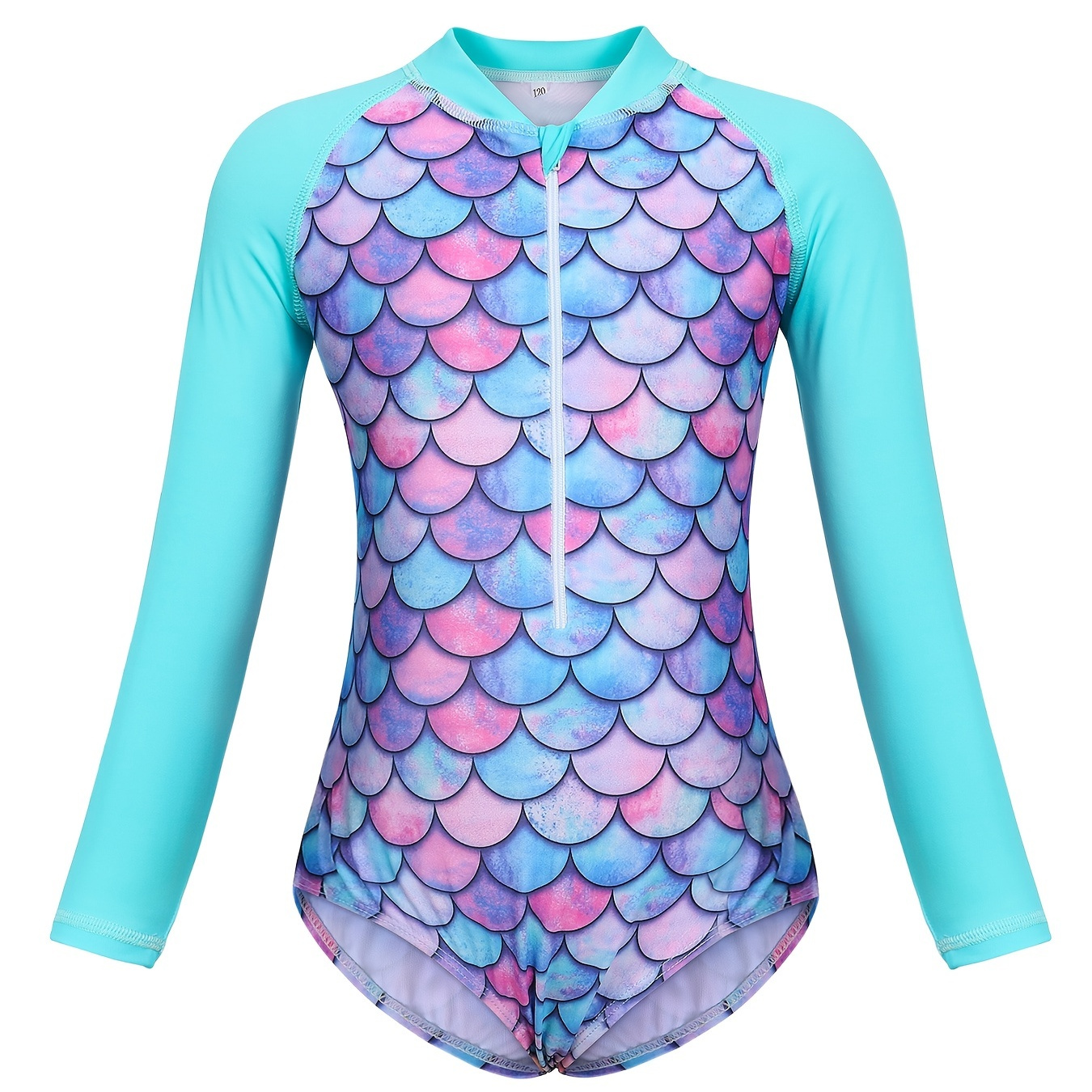 Toddler Girls Fish Scales Graphic Long Raglan Sleeve Zipper One Piece Swimsuit Kids Summer Beach Clothes Sun Protection Bathing Suits