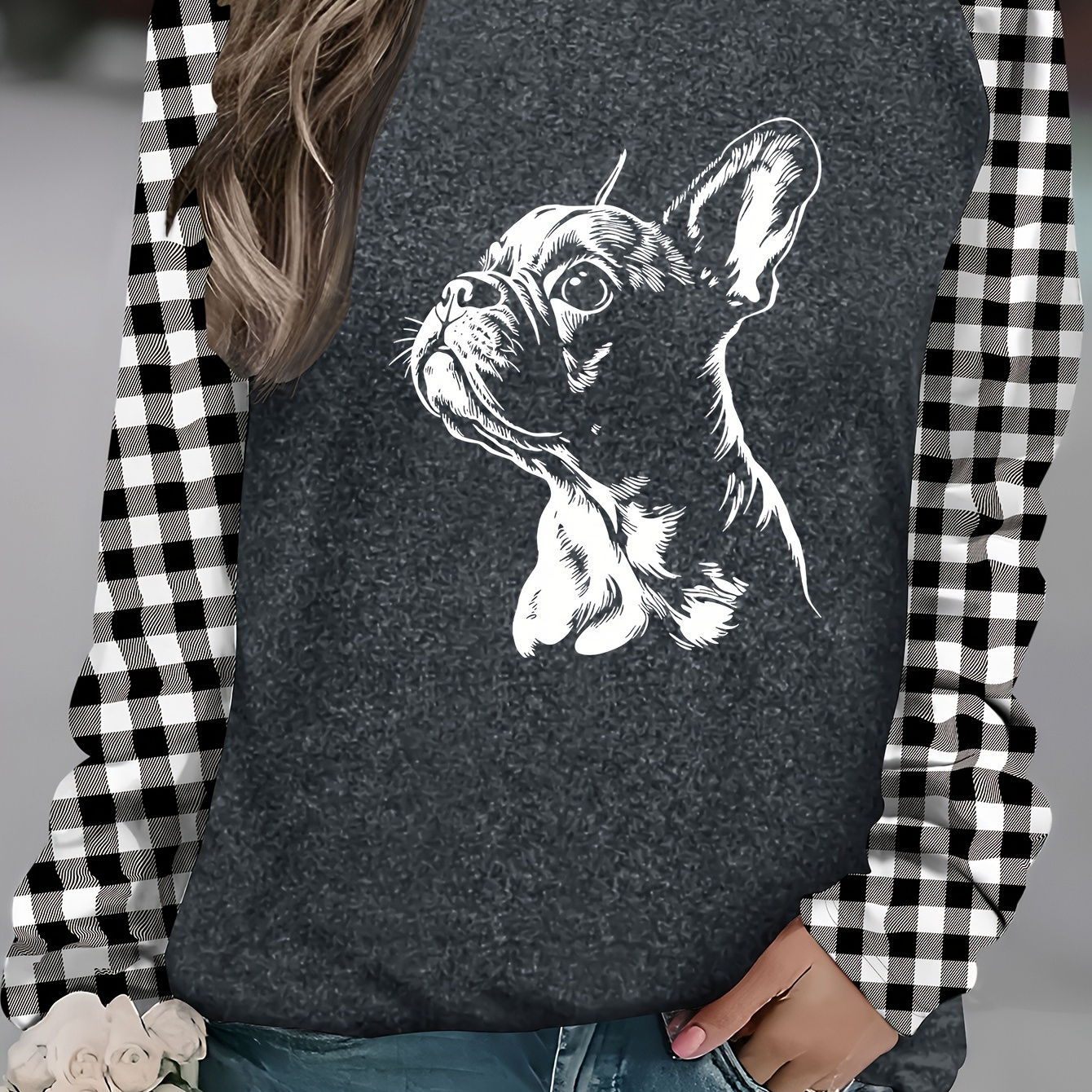 

Chic French Bulldog Graphic Long Sleeve T-shirt For Women - Cozy Polyester , Leopard Print Detail, Crew Neck, Machine Washable - Ideal For Spring & Fall Casual Wear