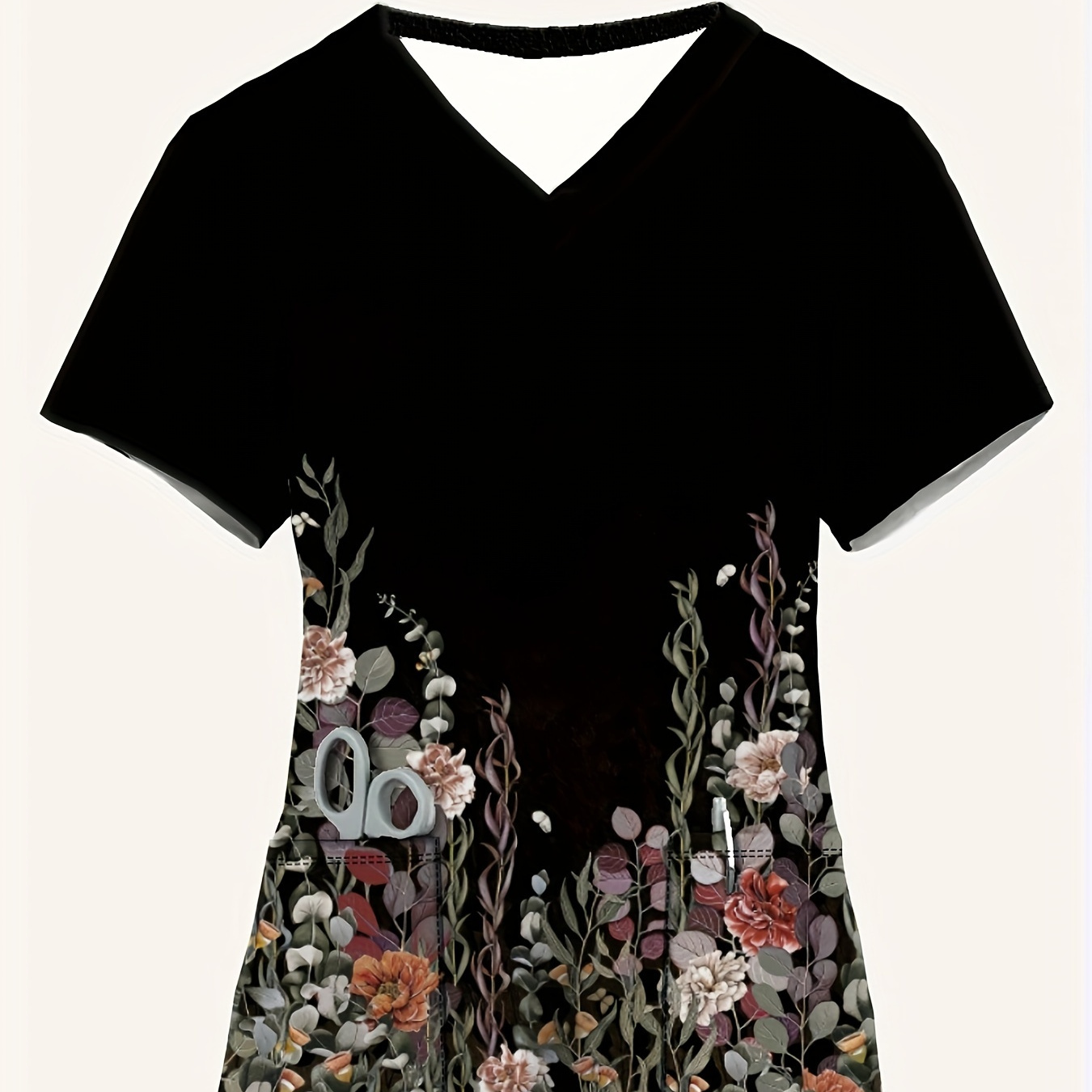 

Women's Floral Print V-neck T-shirt, Casual Short Sleeve Top With Pockets, Polyester 95% Spandex 5% Knit Fabric, Regular Length, Spring/summer Fashion