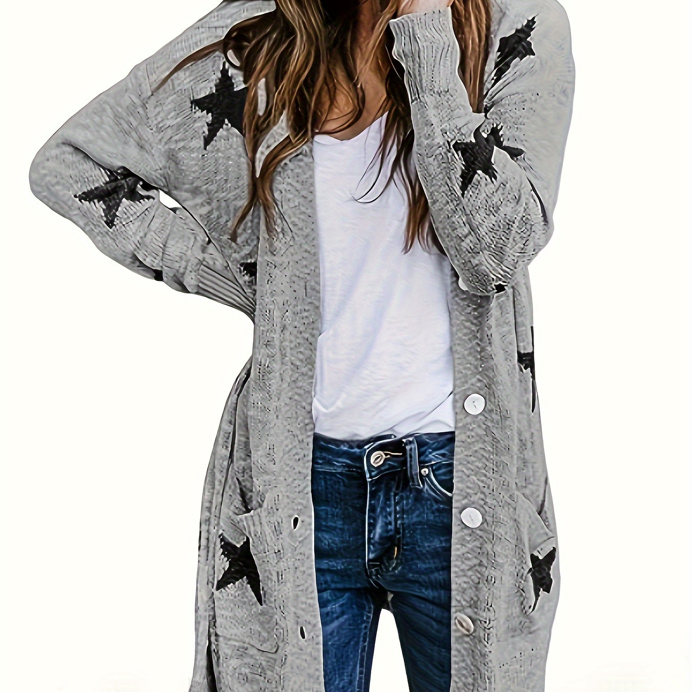 

Star Pattern Button Down Knit Cardigan, Casual Long Sleeve Mid Length Sweater With Pocket, Women's Clothing