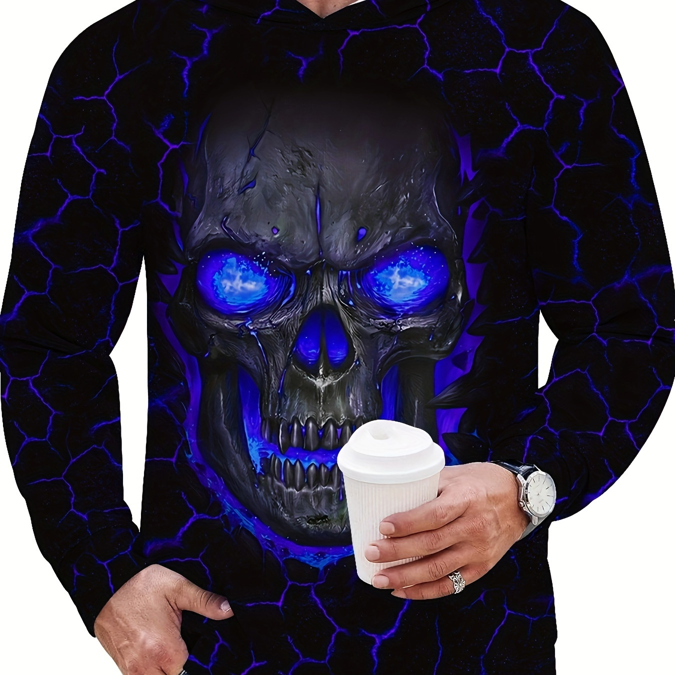 

Men's 3d Print Hoodie - Edgy Blue Glowing Eyes Design, Long Sleeve, Casual & Sporty, Polyester , Machine Washable For Fall/winter, Hoodie