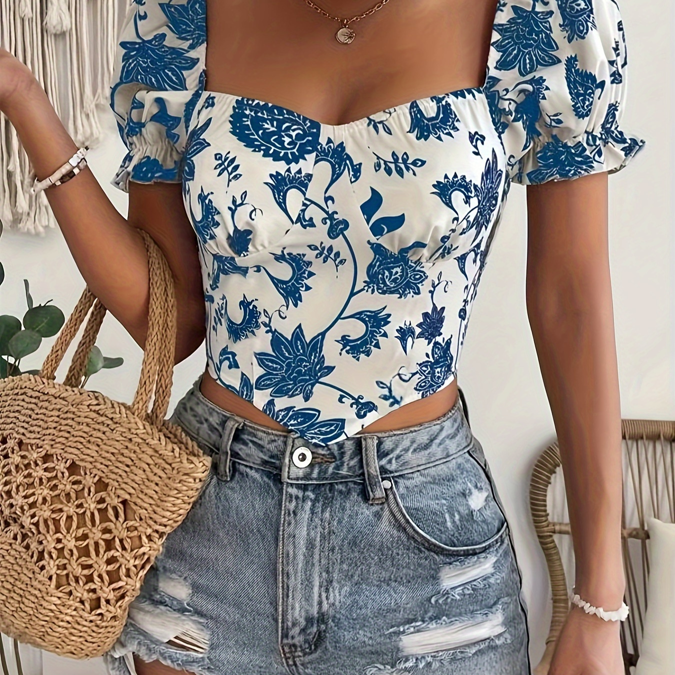 

Floral Print Sweetheart Neck Blouse, Vacation Puff Sleeve Hanky Hem Bustier Top, Women's Clothing