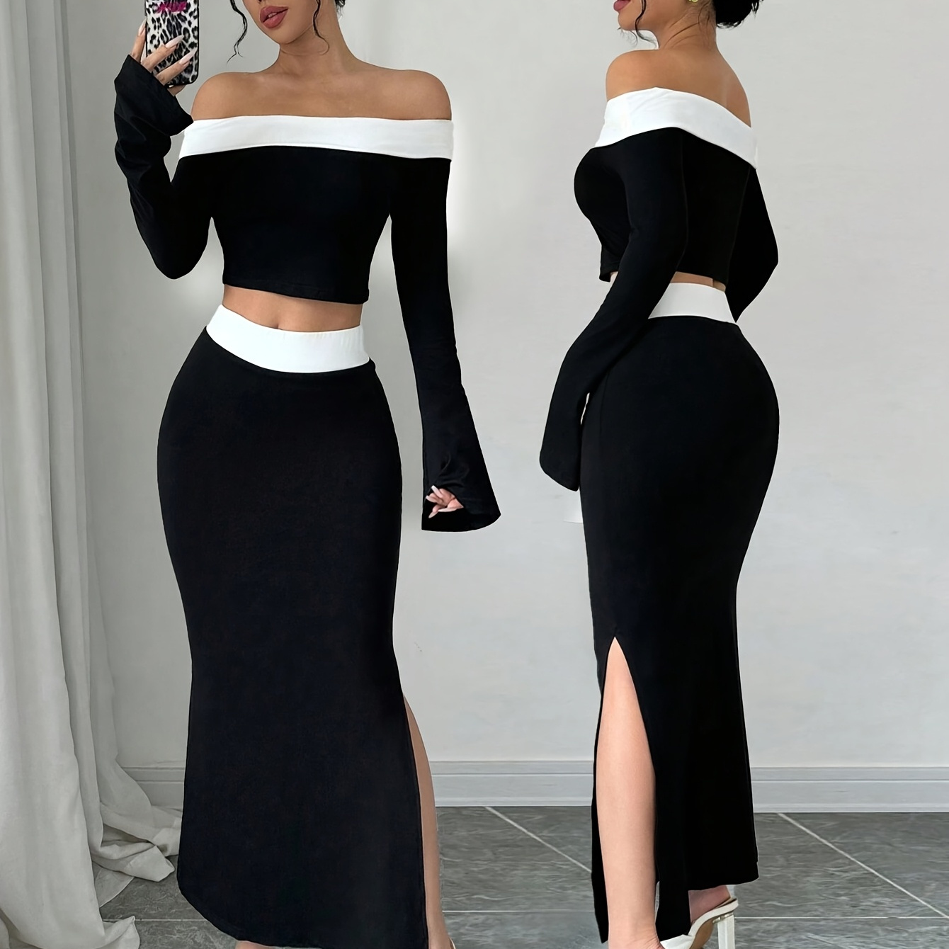 

Elegant Women's Knitted Color- Off-shoulder Long-sleeve Top And Slit Leg Mermaid Skirt Set, Two-piece Outfit.