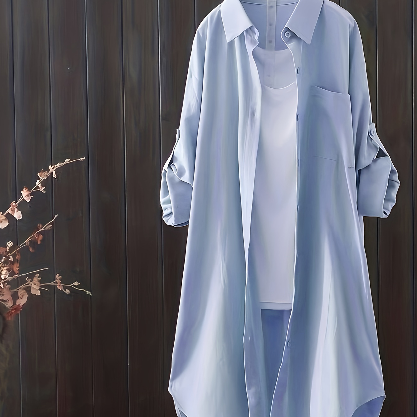

Solid Button Down Shirt, Casual Lapel Long Sleeve Curved Hem Shirt, Women's Clothing
