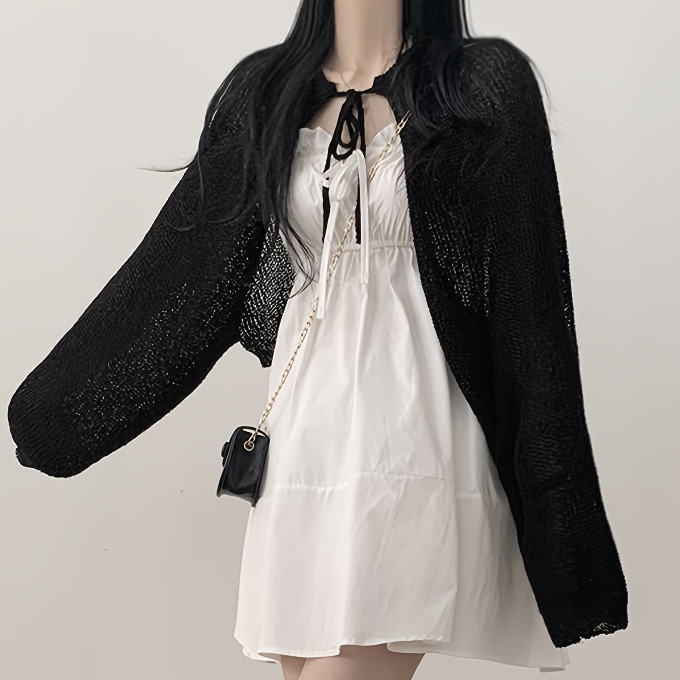 

Solid Color Tie Front Crop Cardigan, Versatile Long Sleeve Cardigan For Spring & Fall, Women's Clothing