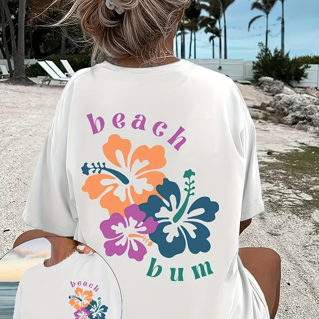 

Floral Print Drop Shoulder T-shirt, Short Sleeve Crew Neck Casual Top For , Women's Clothing