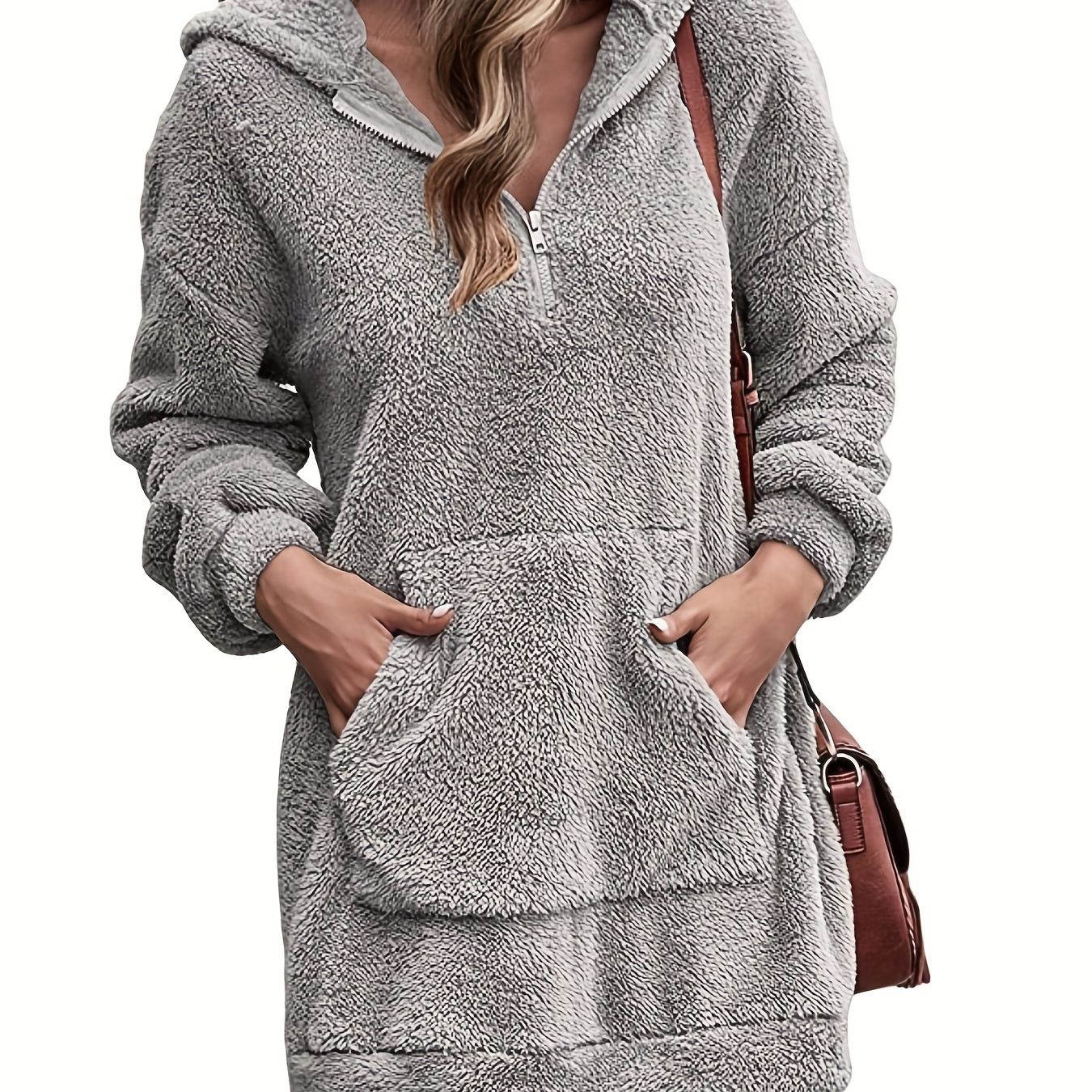 

Fuzzy Long Length Hoodie, Casual Solid Long Sleeve Kangaroo Pocket Winter Sweatshirt, Women's Clothing