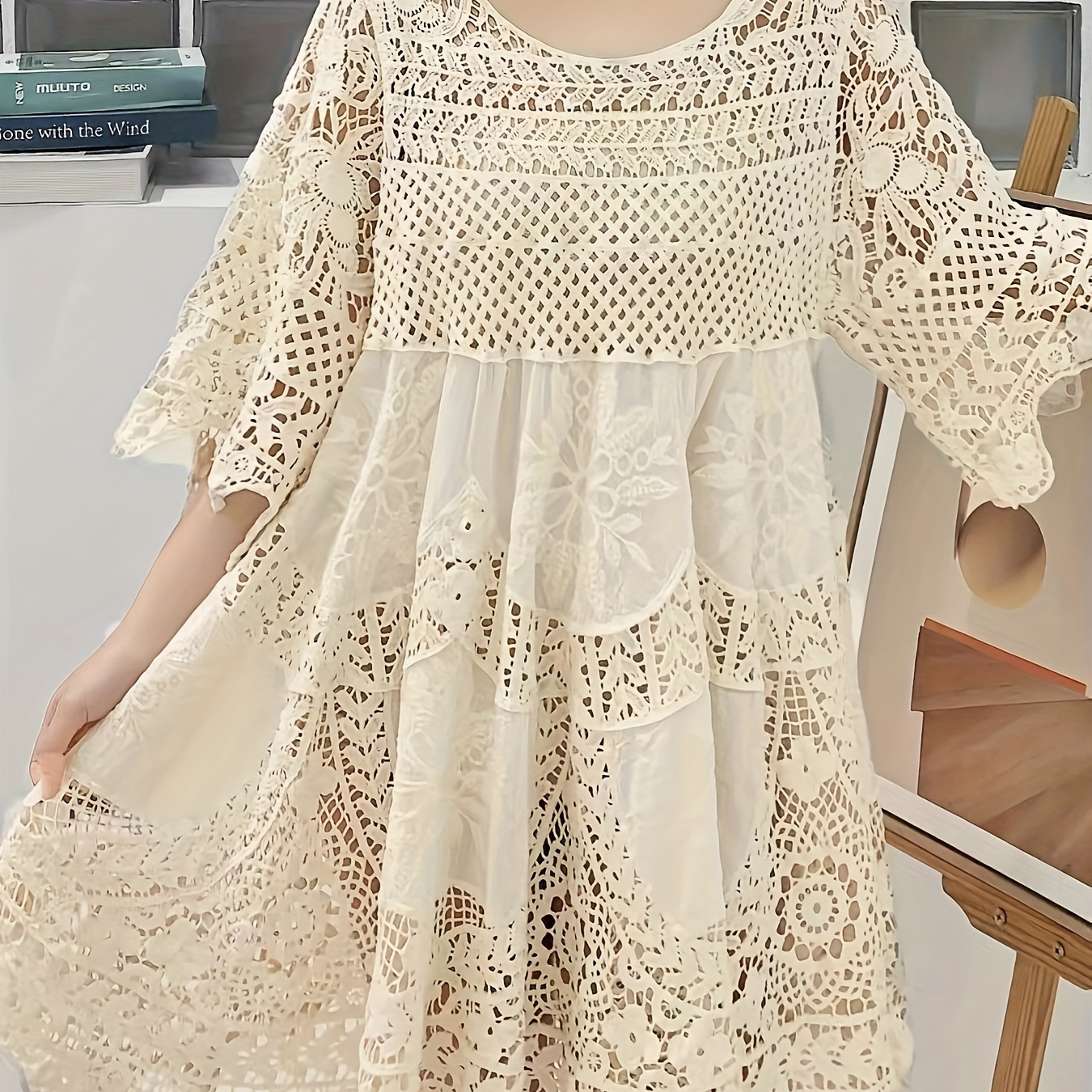 

Robe À Encolure Ras Du Cou Découpée, Robe Élégante À Manches 3/4 Pour Le Printemps Et L'automne, Vêtements Pour Femmes