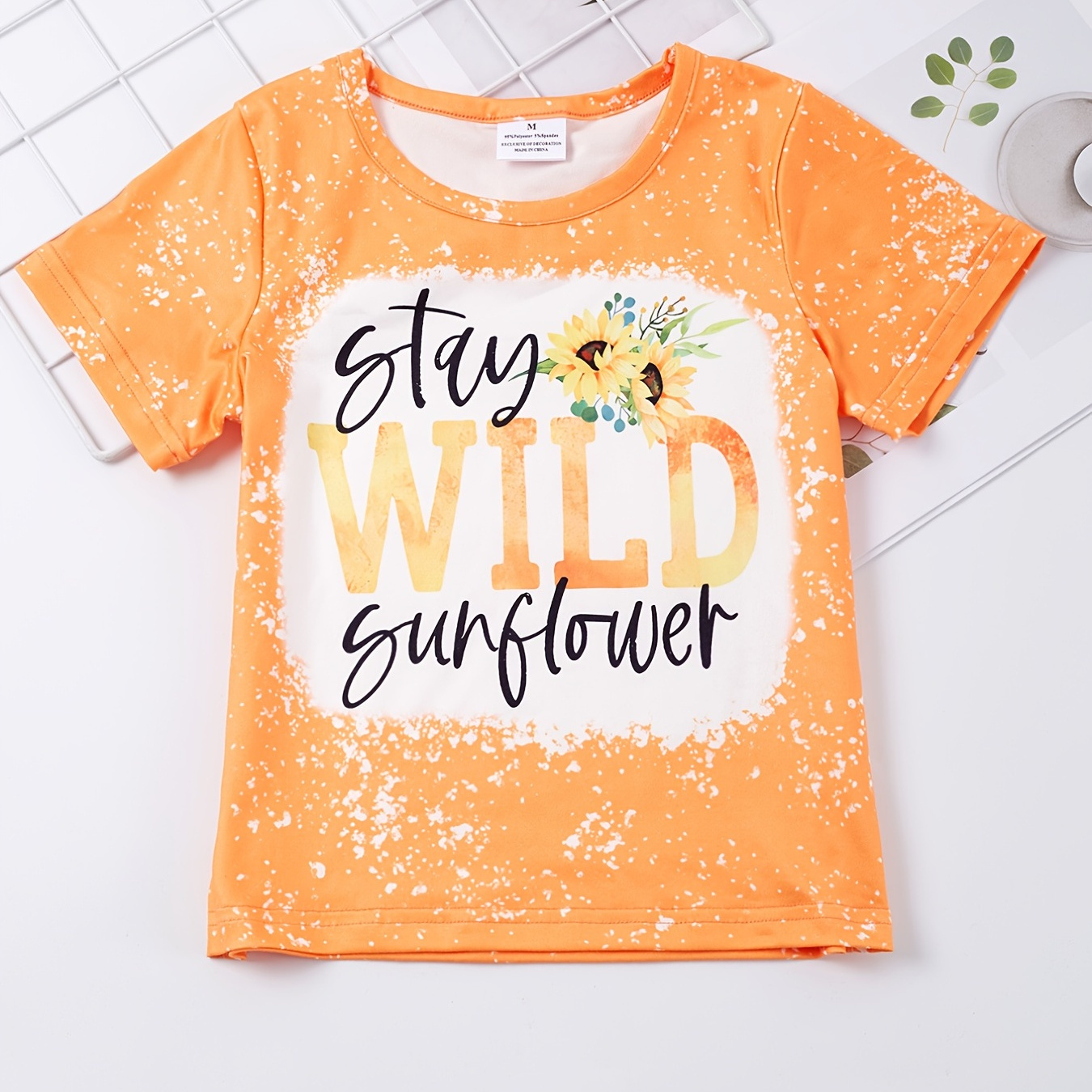 

Girls Round Neck T-shirt "wild" Print Short Sleeve Bleached Tees Top Kids Summer Clothes