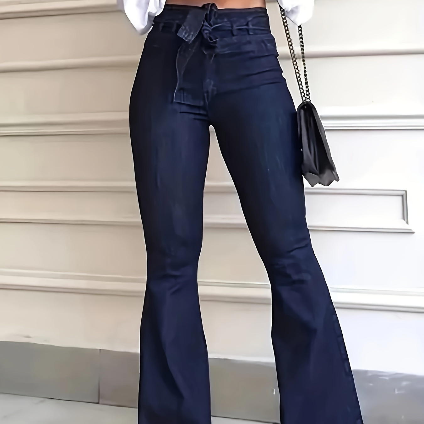 

Tie Belt Plain Dark Washed Blue Flare Leg Stretchy Casual Jeans Denim Pants, Women's Denim Jeans & Clothing For Autumn